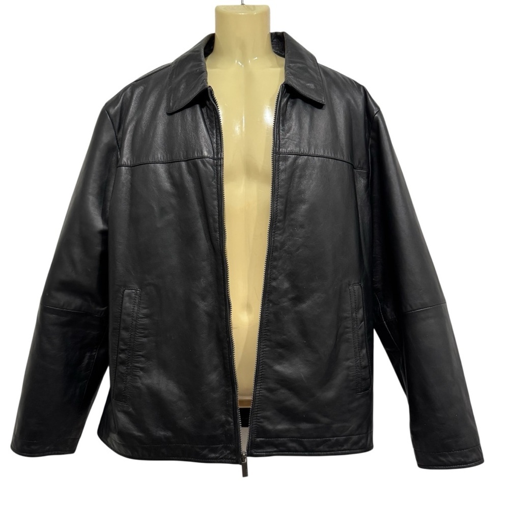 Perry Ellis Portfolio Lambskin Black Leather Jacket Size L Full Zipper Front